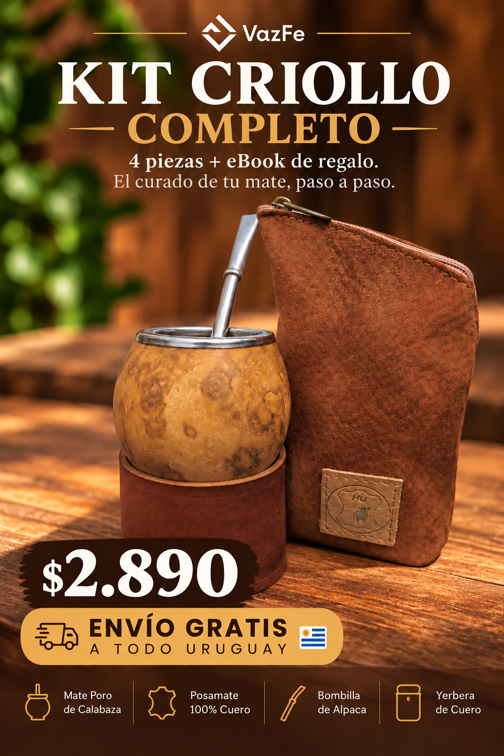 Kit Criollo Completo: Mate Poro + Posamate 100% Cuero + Bombilla Alpaca + Yerbera