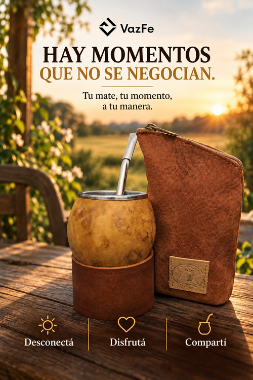 Kit Criollo Completo: Mate Poro + Posamate 100% Cuero + Bombilla Alpaca + Yerbera