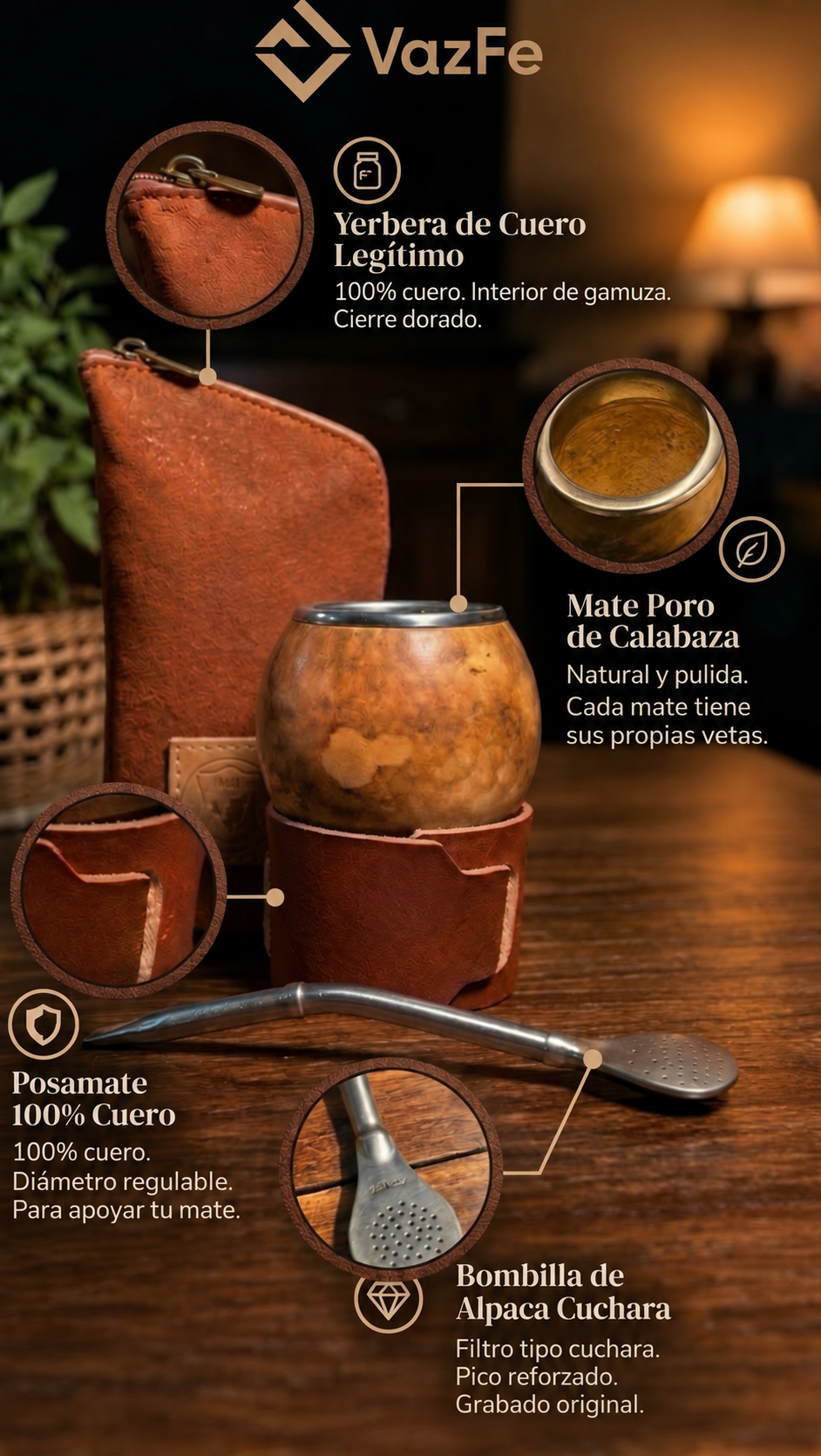 Kit Criollo Completo: Mate Poro + Posamate 100% Cuero + Bombilla Alpaca + Yerbera