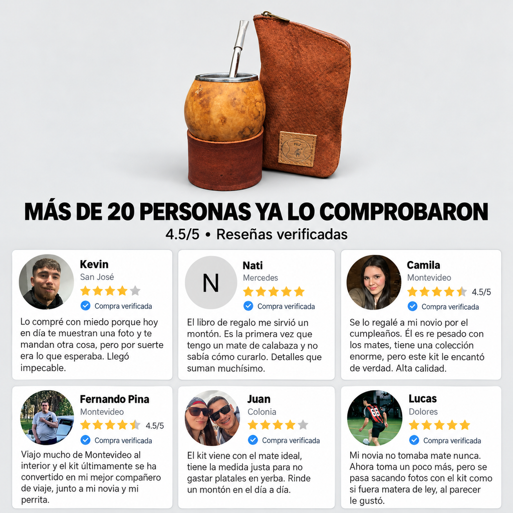 Kit Criollo Completo: Mate Poro + Posamate 100% Cuero + Bombilla Alpaca + Yerbera