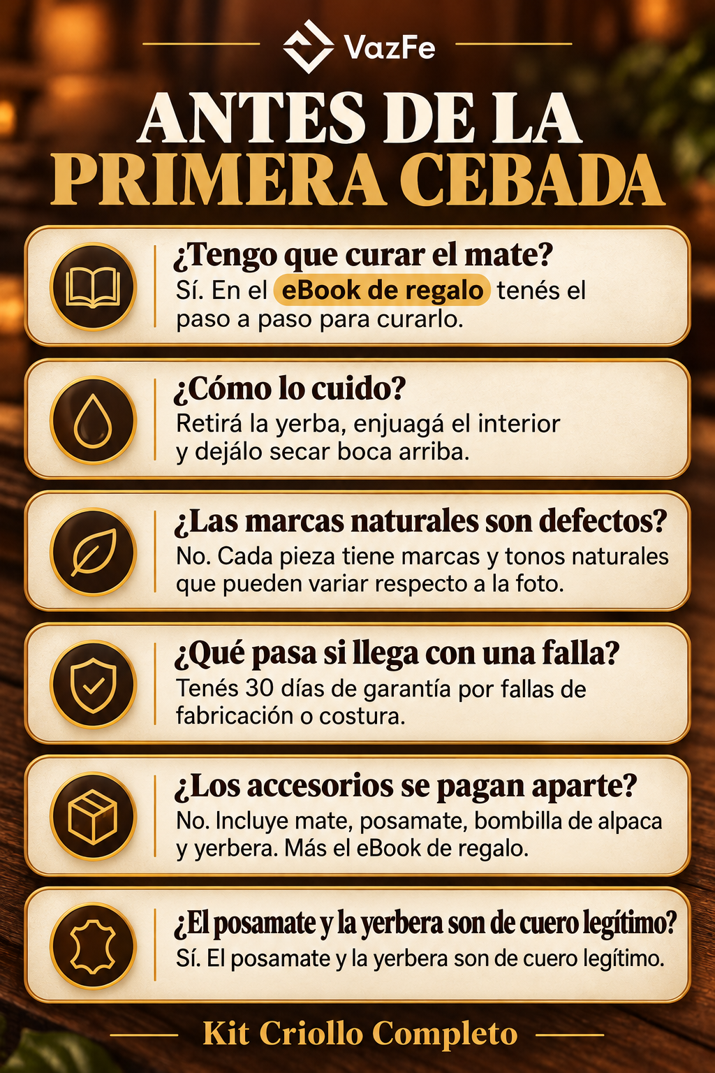 Kit Criollo Completo: Mate Poro + Posamate 100% Cuero + Bombilla Alpaca + Yerbera